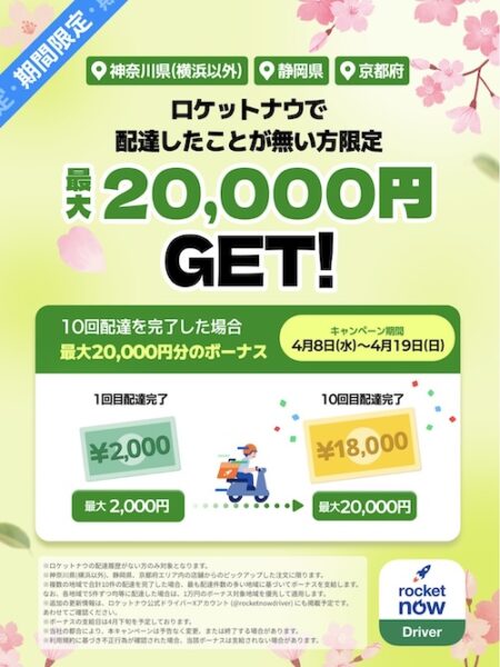 神奈川・静岡・京都エリア限定｜最大20,000円！ロケットナウ配達員のボーナスキャンペーン【26/4/18まで】